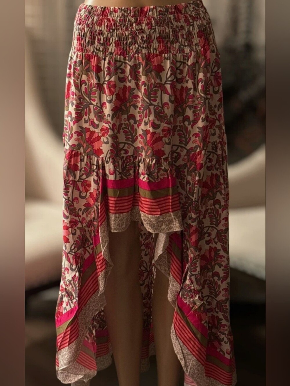 Boho High-Low Floral Skirt in Pink and Cream